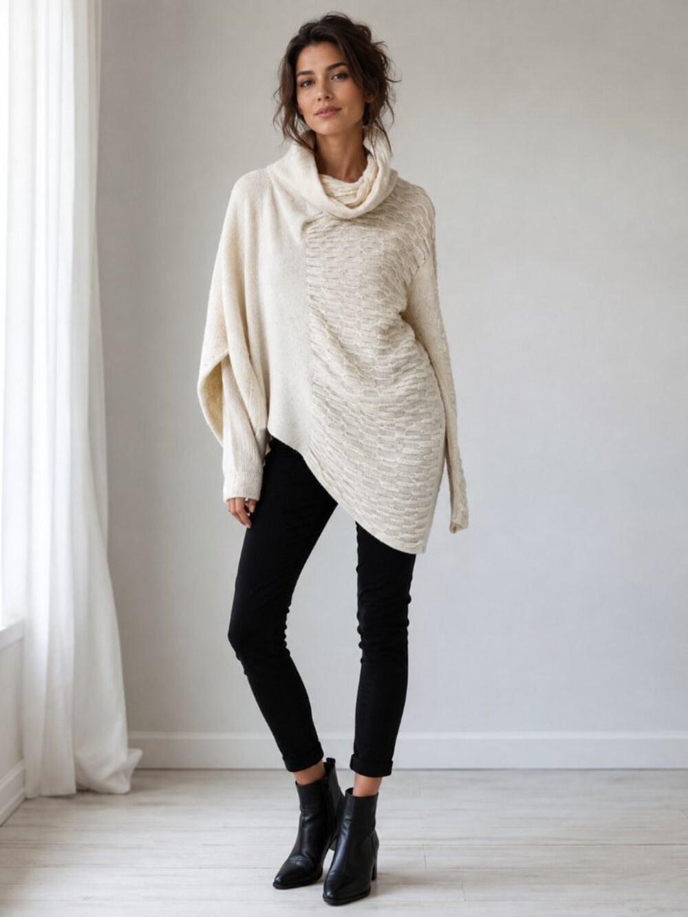 Sarah Pacini Cream Cowl Neck Asymmetrical Sweater Womens OS Wool Blend Lagenlook